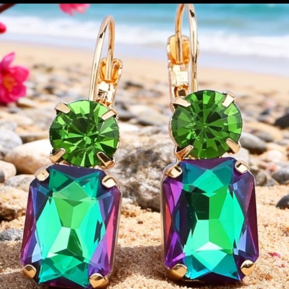 Gold-Tone Green & Aurora Crystal Drop Earrings